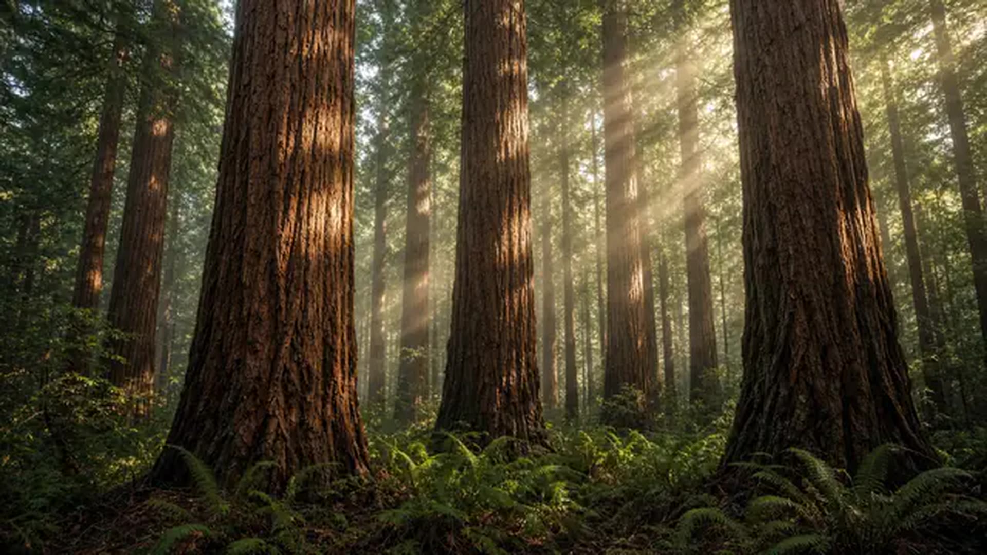 Redwood forest with sunbeams through the canopy